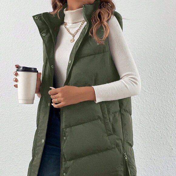 Army Green Casual Women's Zip Up Slant Pocket Sleeveless Hooded Padded Coat - Picture 1 of 4